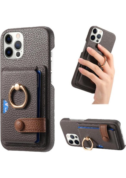 IPhone 12 Için Kılıf Pro Max Halka Standı Premium Dokulu Deri Kart Yuvaları (Yurt Dışından)