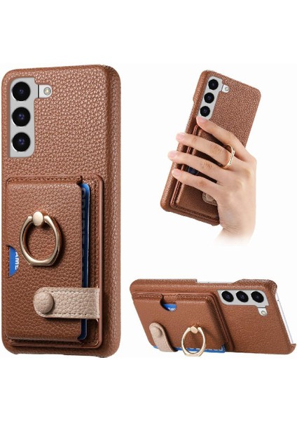 Samsung Galaxy S22 Kart Yuvaları Premium Dokulu Deri Halka Standı (Yurt Dışından)
