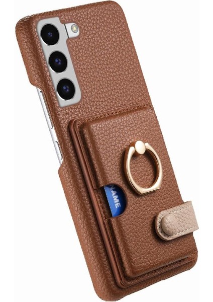 Samsung Galaxy S22 Kart Yuvaları Premium Dokulu Deri Halka Standı (Yurt Dışından)
