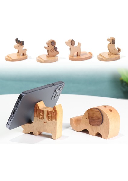 No.6 Tarzı Katı Ahşap Hayvanlı Cep Telefonu Tutucu Araba Ev Monte Braketi Mobil Masaüstü Standı Laptop Anahtarlı Geyik Köpek Fil - (Yurt Dışından)