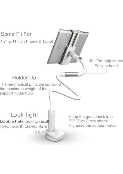130CM Simli Stil Masaüstü Telefon Tablet Standı Tablet Tutucu Ayarlanabilir Montaj Tablet 4.0 Için 10'a.yatak Tablet Pc Standı Metal Destek (Yurt Dışından)