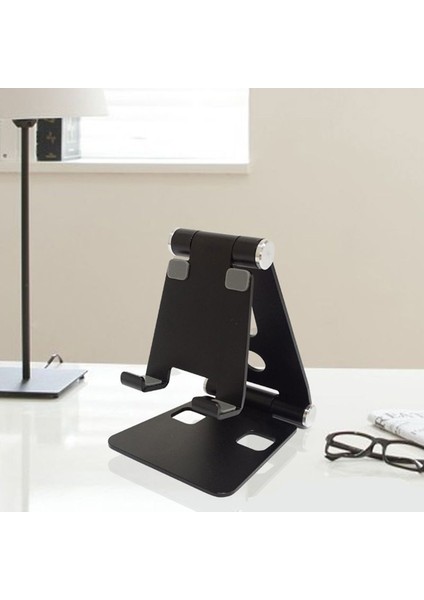 L Siyah Stil Alüminyum Alaşım Çift Katlanabilir Masaüstü Döner Tablet Standı Cep Telefonu Tutucu Montaj Braketi Için iPhone Için iPad Için Samsung'a (Yurt Dışından) fırsatları