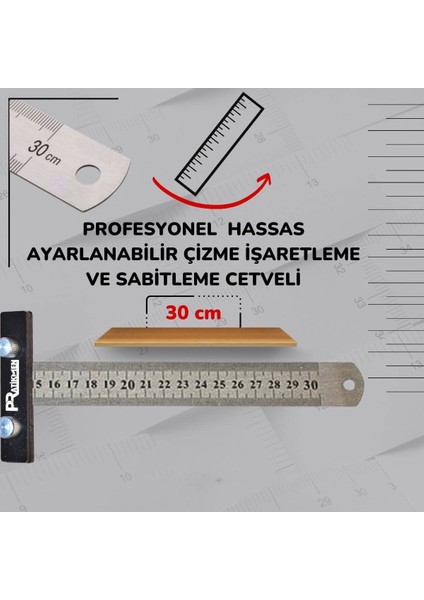 Hassas Ayarlanabilir Çizme, Işaretleme ve Sabitleme Cetveli 30 cm