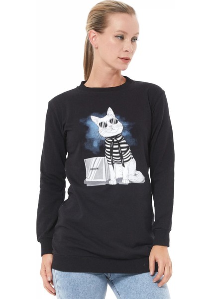 Baskılı Sıfır Yaka Kadın Sweatshirt Siyah ZN5005
