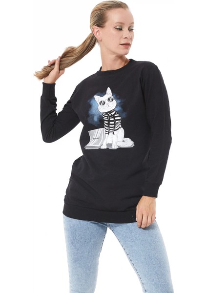 Baskılı Sıfır Yaka Kadın Sweatshirt Siyah ZN5005 modelleri