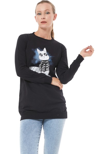 Baskılı Sıfır Yaka Kadın Sweatshirt Siyah ZN5005 fırsatları