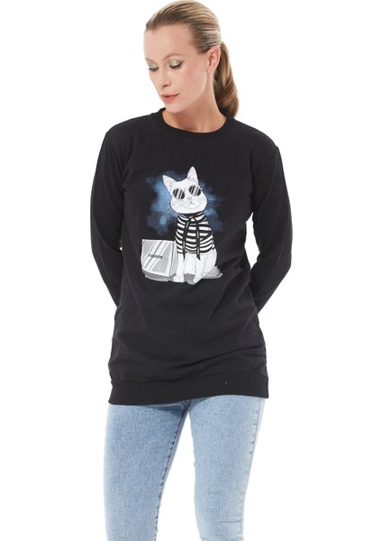Baskılı Sıfır Yaka Kadın Sweatshirt Siyah ZN5005 indirimleri