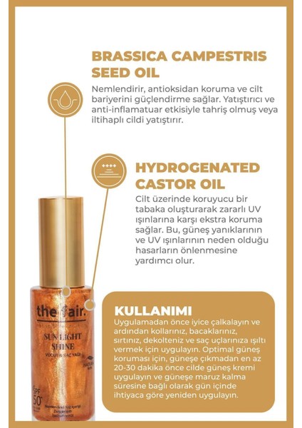 The Fair. Sun Light Shine Spf 50+ PA ++++ Vücut ve Saç Yağı 30 ml