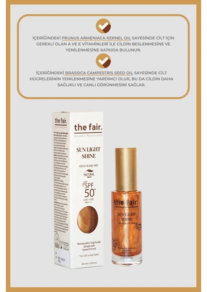 The Fair. Sun Light Shine Spf 50+ PA ++++ Vücut ve Saç Yağı 30 ml