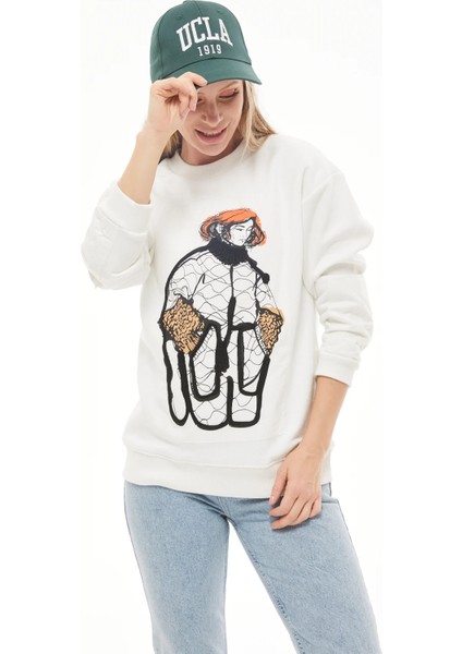 Baskılı Kadın Sweatshirt Ekru ZN5006