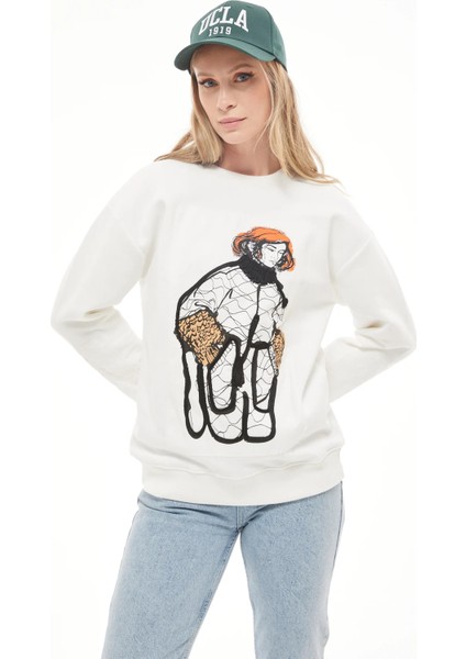 Baskılı Kadın Sweatshirt Ekru ZN5006