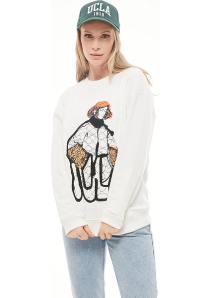 Baskılı Kadın Sweatshirt Ekru ZN5006