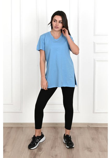 Kadın V Yaka Yırtmaçlı T-Shirt 8783-22