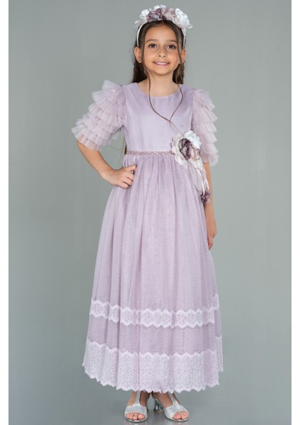 Kısa Kol Taçlı Dantelli Uzun Kız Çocuk Abiye ABU3046