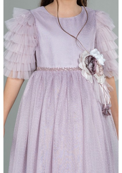 Kısa Kol Taçlı Dantelli Uzun Kız Çocuk Abiye ABU3046 modelleri