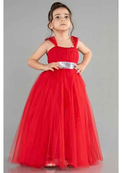 Askılı Beli Pullu Uzun Kız Çocuk Abiye ABU3031