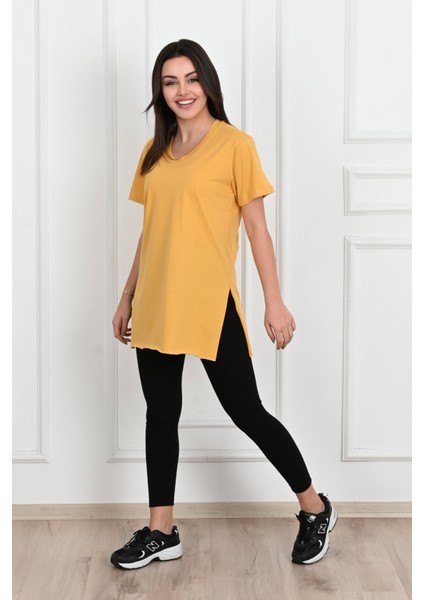 Kadın V Yaka Yırtmaçlı T-Shirt 8783-22