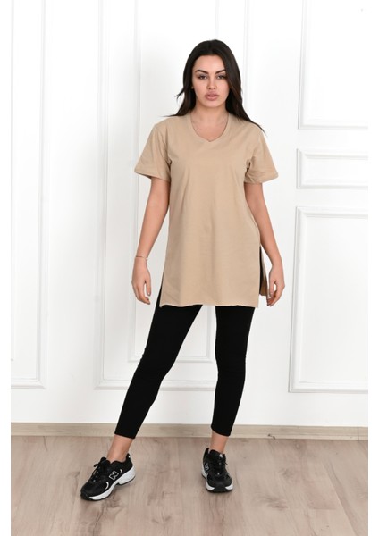 Kadın V Yaka Yırtmaçlı T-Shirt 8783-22 modelleri