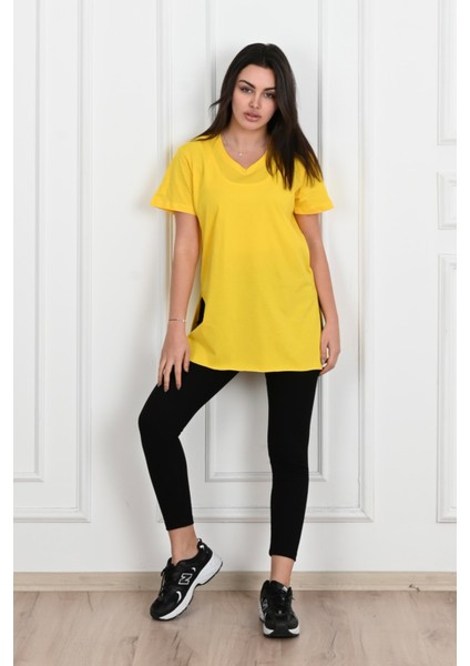 Kadın V Yaka Yırtmaçlı T-Shirt 8783-22