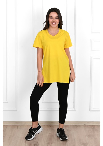 Kadın V Yaka Yırtmaçlı T-Shirt 8783-22 fırsatları