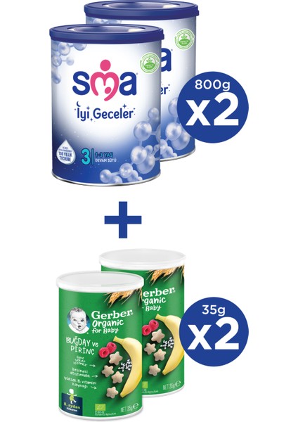 Iyi Geceler 3 1-3 Yaş Devam Sütü 2X800G + Gerber Organıc Buğday ve Pirinçli Atıştırmalık 2X35G