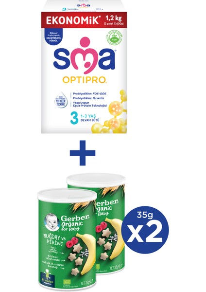 Optıpro 3 Devam Sütü 1.2kg (2X600G) + Gerber Organıc Buğday, Pirinç, Muz ve Ahududulu Atıştırmalık 2X35G