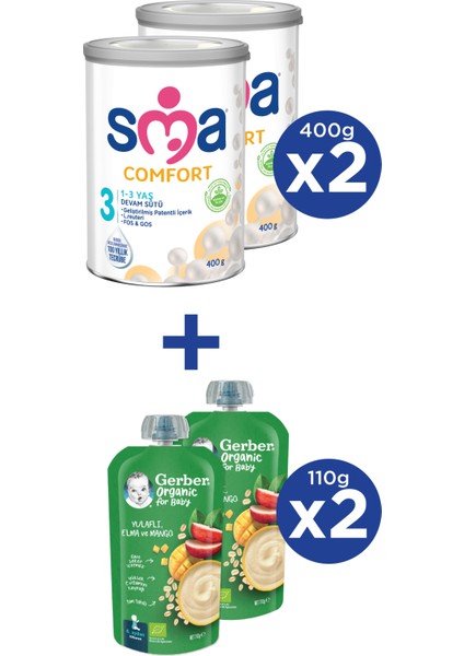 Comfort 3 1-3 Yaş Devam Sütü 2X400G + Gerber Organıc Yulaflı, Elma ve Mango Püresi 2X110G