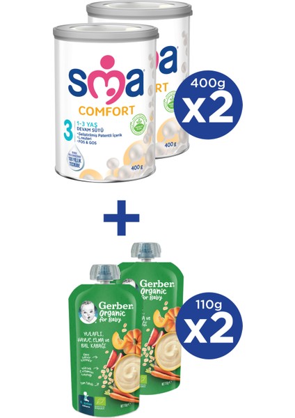 Comfort 3 1-3 Yaş Devam Sütü 2X400G + Gerber Organıc Yulaflı, Hav., Elm., Balkab. Püresi 2X110G