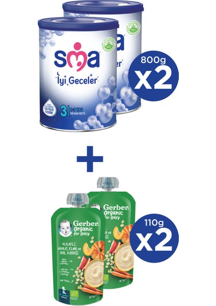 Iyi Geceler 3 1-3 Yaş Devam Sütü 2X800G + Gerber Organıc Yulaflı, Hav., Elm., Balkab. Püresi 2X110G