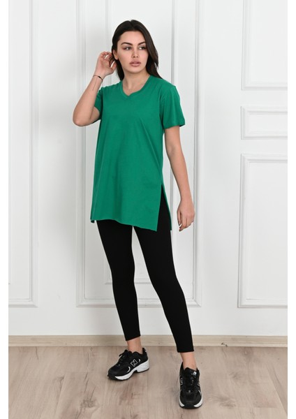 Kadın V Yaka Yırtmaçlı T-Shirt 8783-22