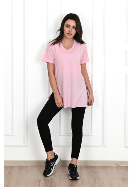 Kadın V Yaka Yırtmaçlı T-Shirt 8783-22