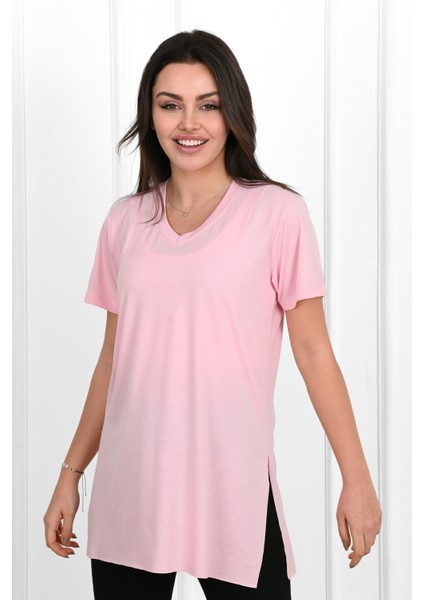 Kadın V Yaka Yırtmaçlı T-Shirt 8783-22 modelleri