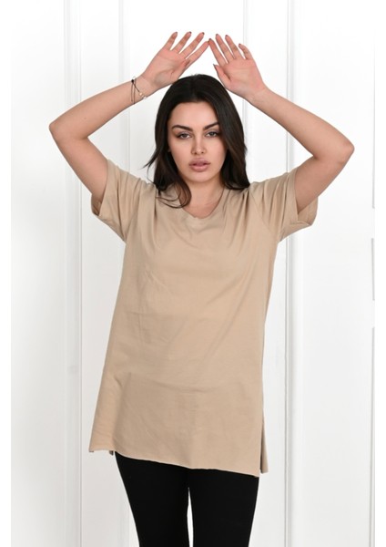 Kadın V Yaka Yırtmaçlı T-Shirt 8783-22