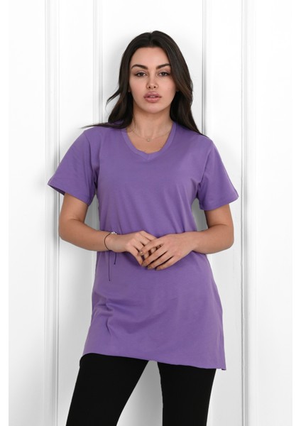 Kadın V Yaka Yırtmaçlı T-Shirt 8783-22