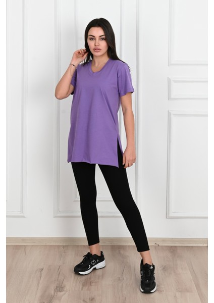 Kadın V Yaka Yırtmaçlı T-Shirt 8783-22 indirimleri