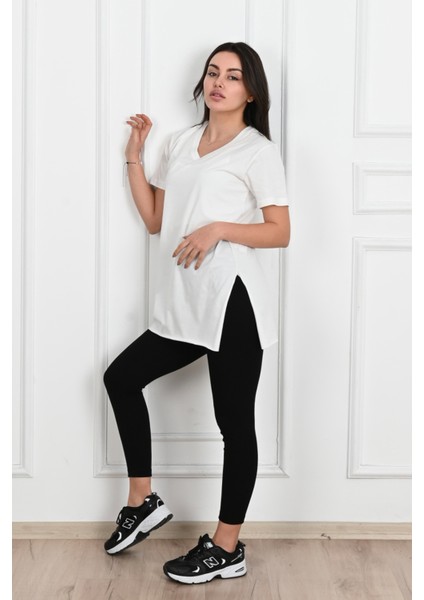 Kadın V Yaka Yırtmaçlı T-Shirt 8783-22
