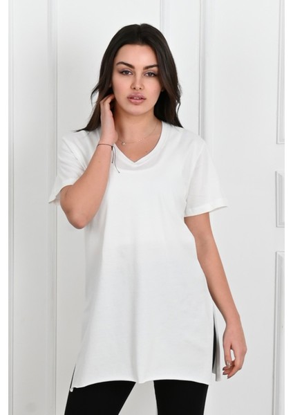 Kadın V Yaka Yırtmaçlı T-Shirt 8783-22 fiyatları