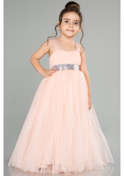 Askılı Beli Pullu Uzun Kız Çocuk Abiye ABU3031