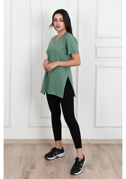 Kadın V Yaka Yırtmaçlı T-Shirt 8783-22 fırsatları