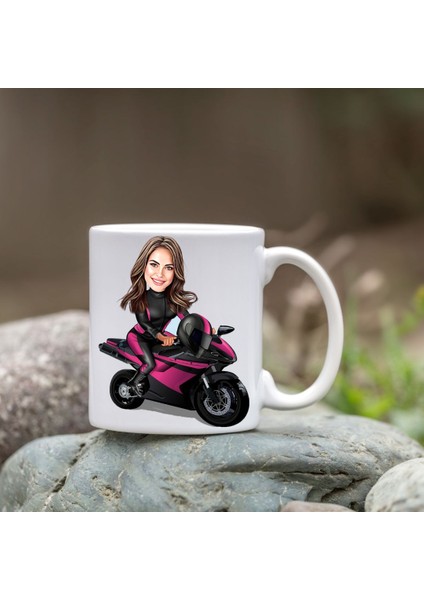Kişiye Özel Bardak - Karikatür Bardak - Motorlu Kadın Bardağı
