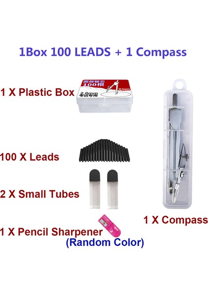100 Kurşun 1pusula Stili Kutu Pusula Kurşun Dolgu Uçları B Hb Siyah Çizim Taslak Siyah Kurşun Kalem Bileme Metal Pusula - (Yurt Dışından)