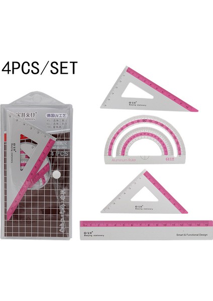 4'lü Set Pembe Stil Uv Alüminyum Alaşımlı Cetvel Çizim Ölçüm Geometri Üçgen Cetvel Düz Kenarlı Cetvel Pergel Çeşitli Cetveller (Yurt Dışından)
