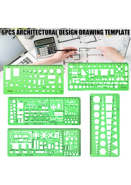 Gösteri Stili Olarak Mimar Yeşil Çizim Şablon Seti Ev Planı Iç Tasarım Mobilya Çizim Çoklu Aracı Okul Ofis Kullanımı Için 6 Parça (Yurt Dışından)