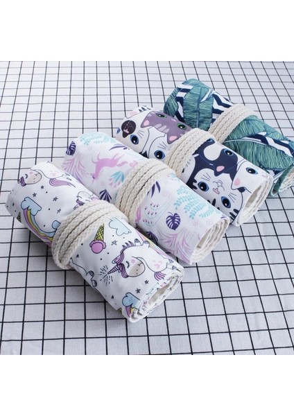 Palmiye Yaprağı 48 Stili Delikli Tuval Siyah Kalem Kutusu Sevimli Kedi Unicorn Sanat Kalem Çantası Makyaj Fırça Saklama Kozmetik Fırça Depolama Kırtasiye (Yurt Dışından)