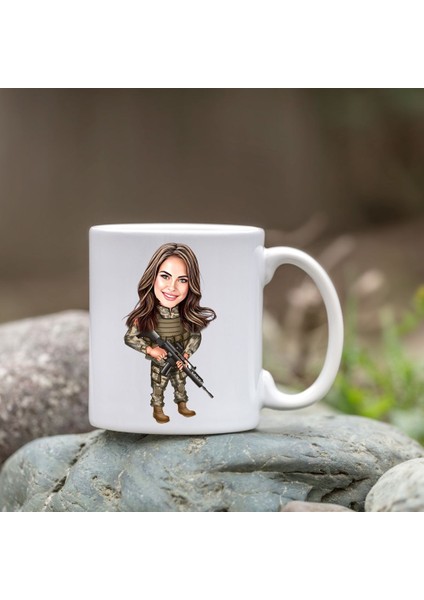 Kişiye Özel Bardak - Karikatür Bardak - Kadın Asker Bardak