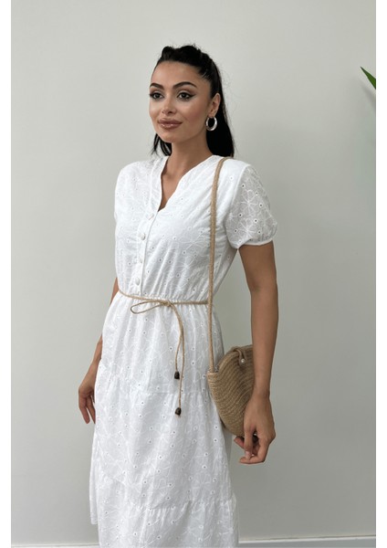 Fisto Kumaş Düğme Detaylı Mini Elbise - Beyaz