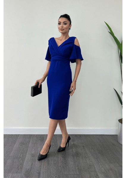 Atlas Kumaş Büzgü Detaylı Kalem Elbise - Saks Mavi