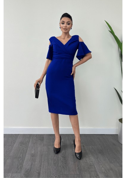 Atlas Kumaş Büzgü Detaylı Kalem Elbise - Saks Mavi fiyatları