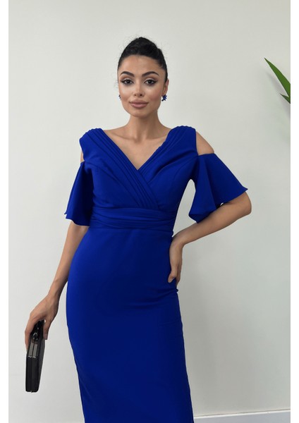 Atlas Kumaş Büzgü Detaylı Kalem Elbise - Saks Mavi modelleri