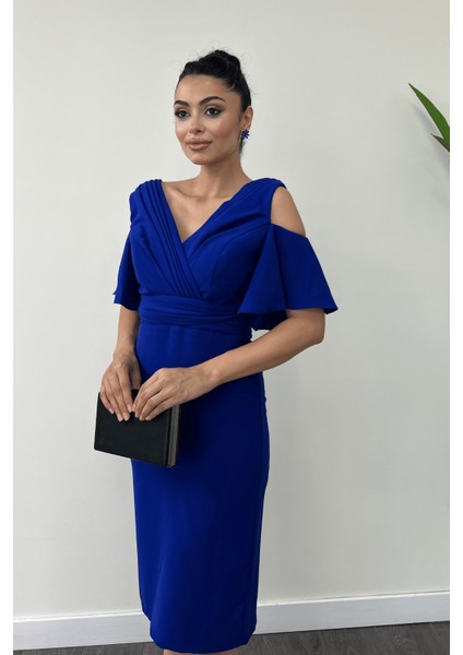 Atlas Kumaş Büzgü Detaylı Kalem Elbise - Saks Mavi fırsatları